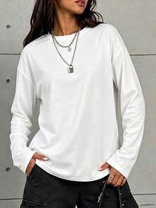 Women's Solid Color Round Neck Long Sleeve T-Shirt, Casual Autumn Regular Fit Top - White - View 3