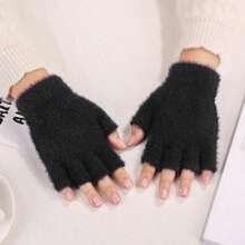 1 Pair Women's Fingerless Knit Plush Gloves, Essential For Winter Travel Warmth, 5 Colors Available - Black - View 9