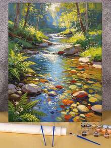 1pc Oil Painting By Numbers Kit, Forest Stream DIY Art & Craft, Home Wall Decor, Canvas Oil Painting Decoration, Holiday Gift Includes Paintbrushes And Paints. - Sets - View 2