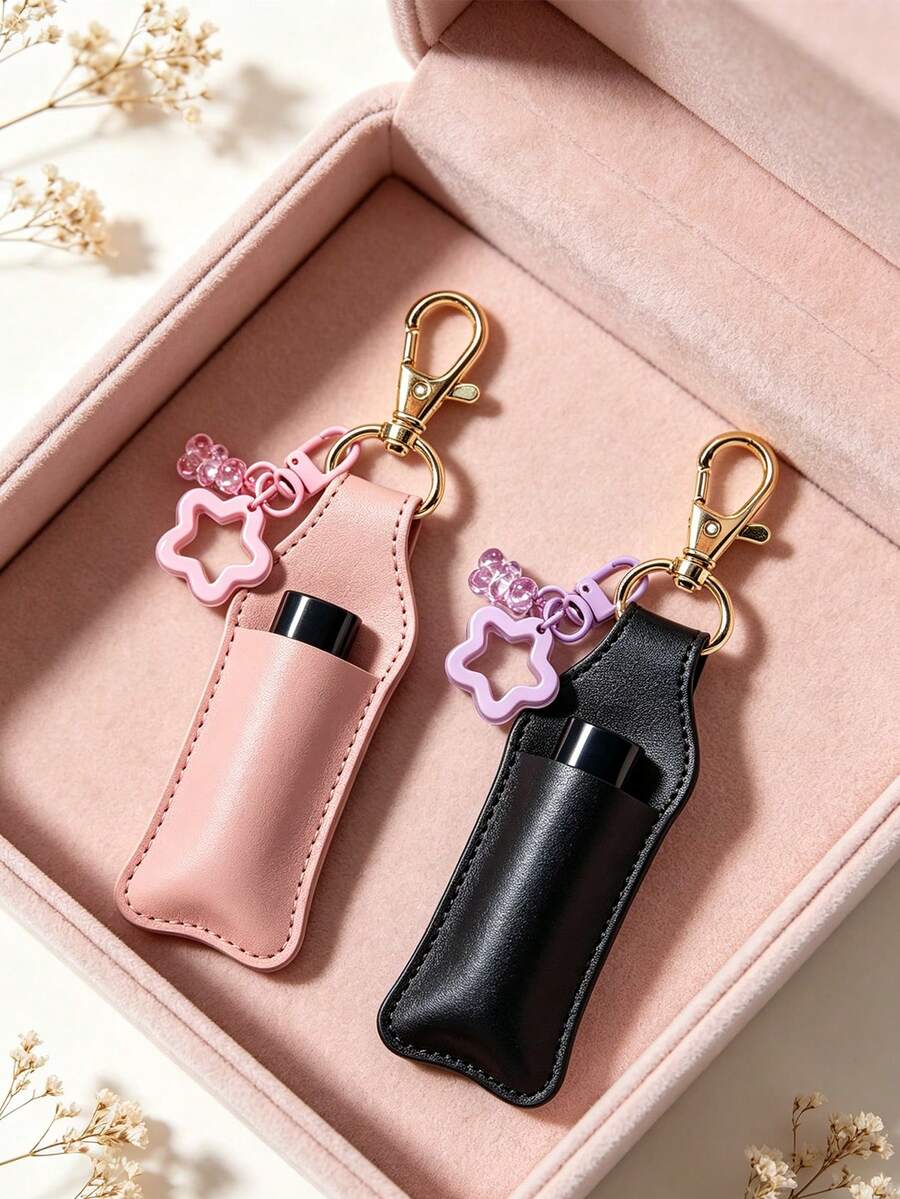 Sweet Style PU Leather Lipstick Holder Keychain, Bag Charm Accessory, Paired With Transparent Bear And Star Candy Charms. Built-In Slot For Lipstick/Lip Balm, Lobster Clasp Design For Easy Attachment To Bag Exterior, Convenient For Quick Access. Exquisite Design With Full Girly Charm, Compact And Space-Saving, Both A Storage Accessory And A Beautiful Bag Decoration. - Multicolor - View 1