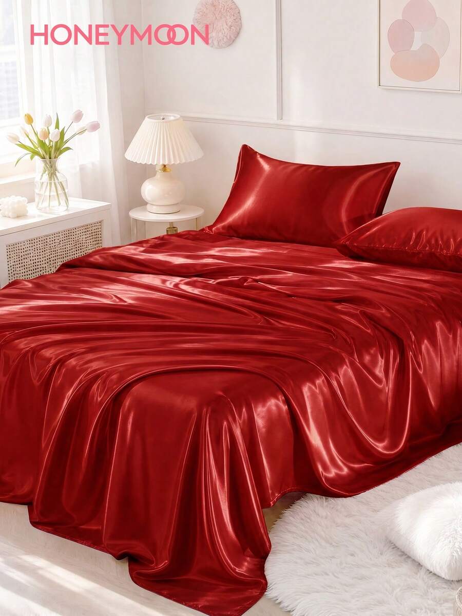 HONEYMOON 1pc Premium Silky Satin Bed Sheet, Soft Breathable Wrinkle-Resistant Fabric, Improves Sleep Quality, Luxury Hotel Style, Suitable For Home And School Dorm Use, Back To School Essential, Fits All Bed Sizes: Twin, Full, Queen, King, Red - Red - View 1