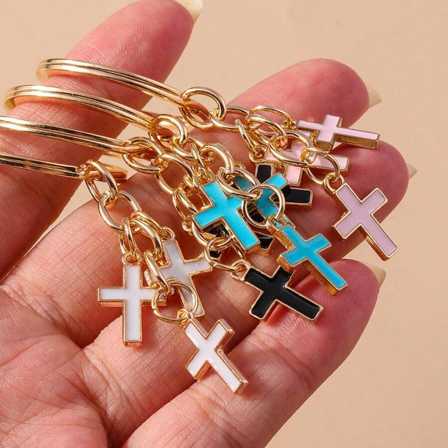 4pcs Mini Triple Cross Keychain, Gold Enamel Cross Pendant Key Ring, Religious Faith Charm, Suitable For Keys, Backpacks, Handbags, Gifts - Multicolor - View 1