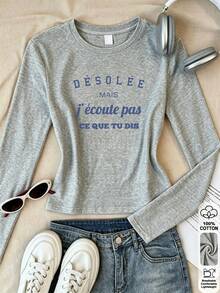 Women's Pure Cotton Long Sleeve T-Shirt French Minimalist Style With Blue Letter Print, Crew Neck Slim Fit, Autumn Winter Basic Layering Tee - Grey - View 3