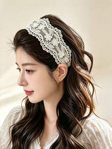1pc White Floral Lace Wide Headband, Elegant Vintage Women's Hair Accessory For Daily Wear And Party - Multicolor - View 1