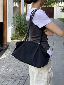 2026新款女士超火紅尼龍托特包，輕量大容量通勤手提包，單肩腋下包，無吊飾 - 黑色 - 查看 2