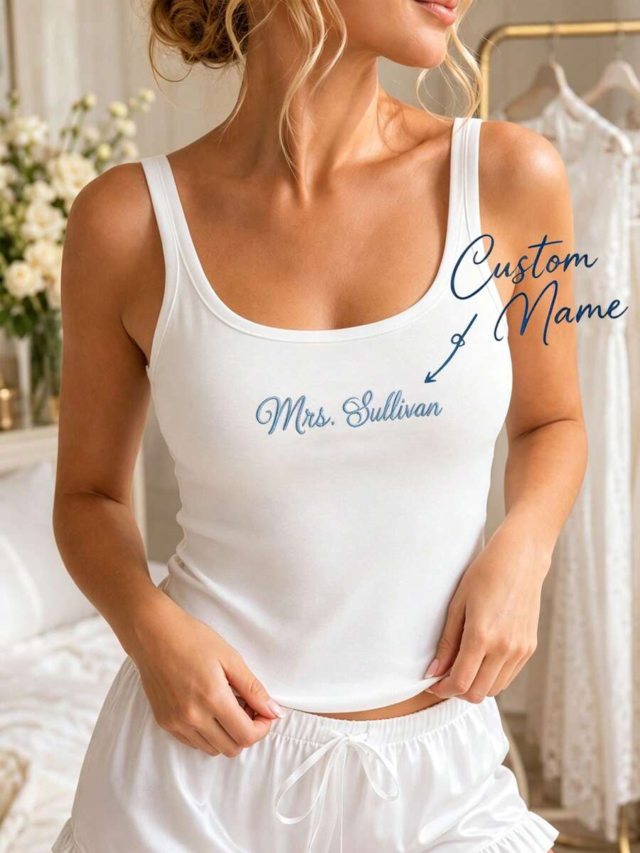 Personalized Embroidered Lace Tank Top, Customized Embroidered Modal Tank Top, Bridal Shower Gift, Engagement Gift, Bachelorette Party - Multicolor - View 1