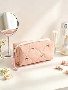 Quilted Embroidery Bow Hand‑Held Makeup Bag, Large Capacity Makeup Bag Set, Travel Toiletry Bag, Sanitary Napkin Storage Bag, Coin Purse,Zipper Wallet - Pink - View 17