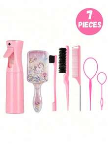 7pcs/1set Children's Cute Cartoon Square Comb & Spray Bottle Set, Cartoon Eiffel Tower Print Anti-Static Plastic Comb, Portable Pattern Hair Pin, High-Pressure Atomizing Spray Bottle, Suitable For Children, Normal Hair, Durable ABS Handle, Cute Square Design, Hair Styling Tool Set - Multicolor - View 8