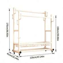 Double‑Pole Floor‑Standing Movable Coat Rack With Universal Casters For Easy Movement, Side Hooks, Double‑Layer Storage Space, Thickened Stable Tubing, Available In Black And White, Provides Large‑Capacity Storage For Clothes, Hats And Shoes - A - View 12