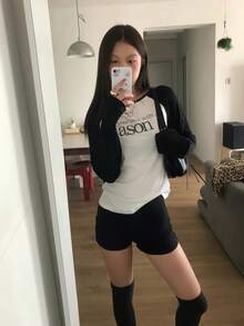 Women's Letter Print Colorblock Casual Daily Long Sleeve Top - Black and White - View 5