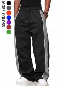 Men's Athletic Sports Pants, Line & Color Block Design, Drawstring Waistband, Elastic Waist, Multiple Colors, Couple Gift - Black - View 1