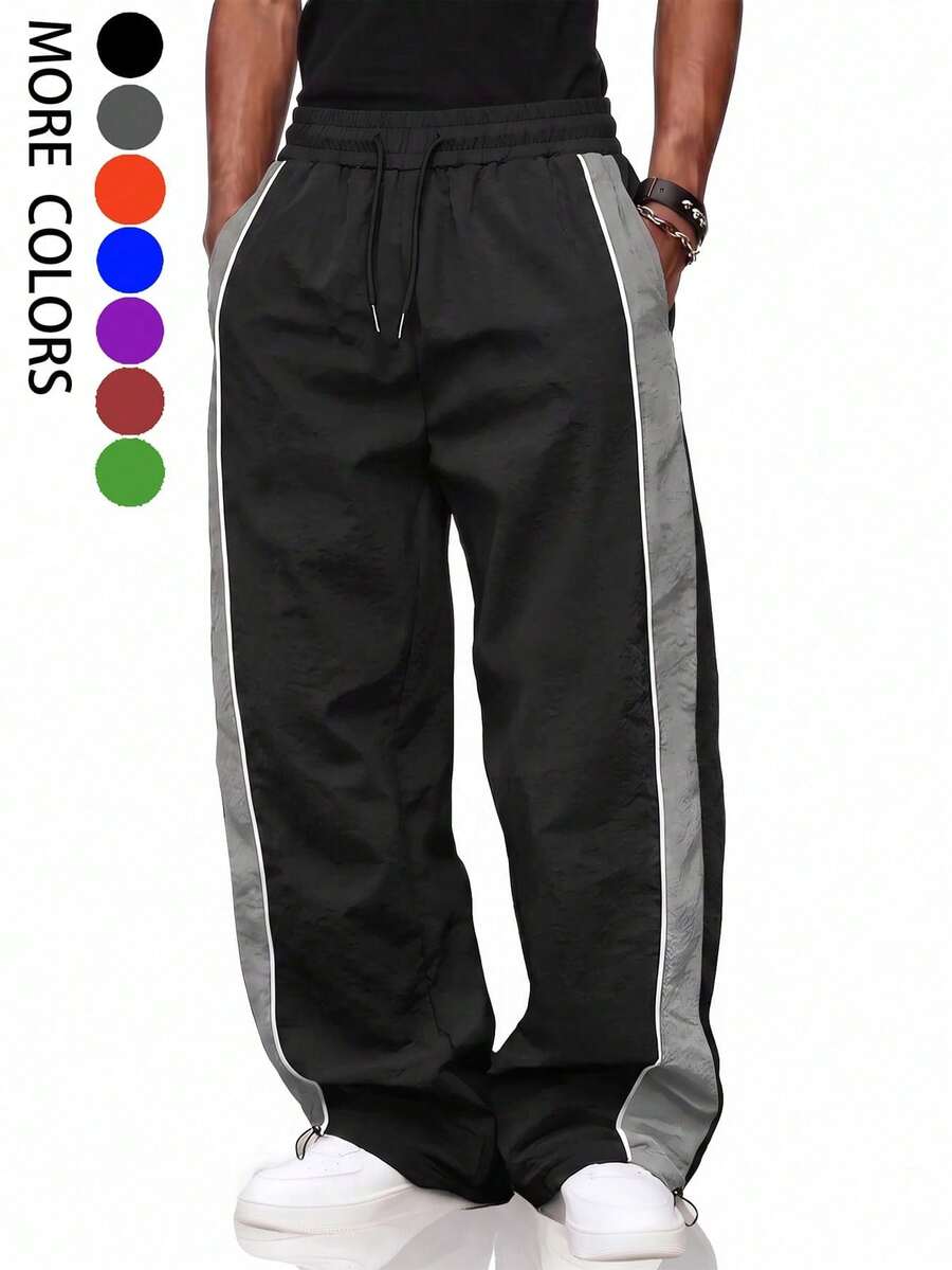 Men's Athletic Sports Pants, Line & Color Block Design, Drawstring Waistband, Elastic Waist, Multiple Colors, Couple Gift - Black - View 1
