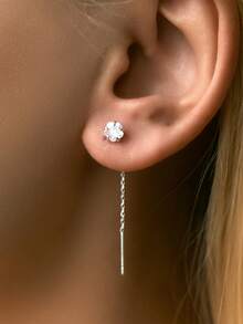 SYMFNY 1 Pair Of 925 Silver Minimalist Mini Geometric Pentagram Heart-Shaped Flower Circular Square Artificial Zirconia Ear Threading Thread - Silver - View 10