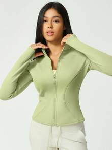 Solid Fleece Zip Up Jacket Women's Mandarin Collar Thumbhole Double Line Design Concert Birthday Gym Wear - Green - View 9