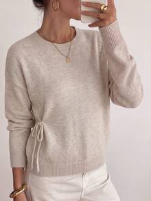 Plus Size Women's Solid Color Textured Side Tie Waist Long Sleeve Round Neck Loose Drop Shoulder Knit Sweater, Oatmeal Color, Soft Casual Style Fall - Apricot - View 1
