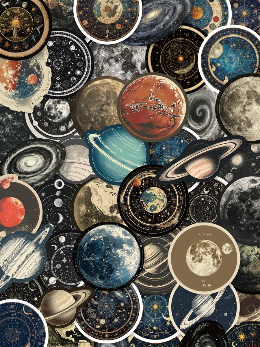 50Pcs Vintage Space Astronomy Stickers, Retro Cosmic Planet Moon Galaxy Decals, Aesthetic Celestial Stickers For Journal Water Bottle Laptop Scrapbooking - A - View 1