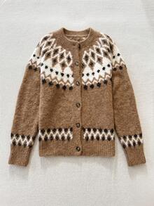 Women's Vintage Fashion Cardigan, Medium Stretch Ribbed Knit Round Neck Wool Sweater, Long Sleeve Fair Isle Jacquard Pattern Cardigan - Brown - View 2