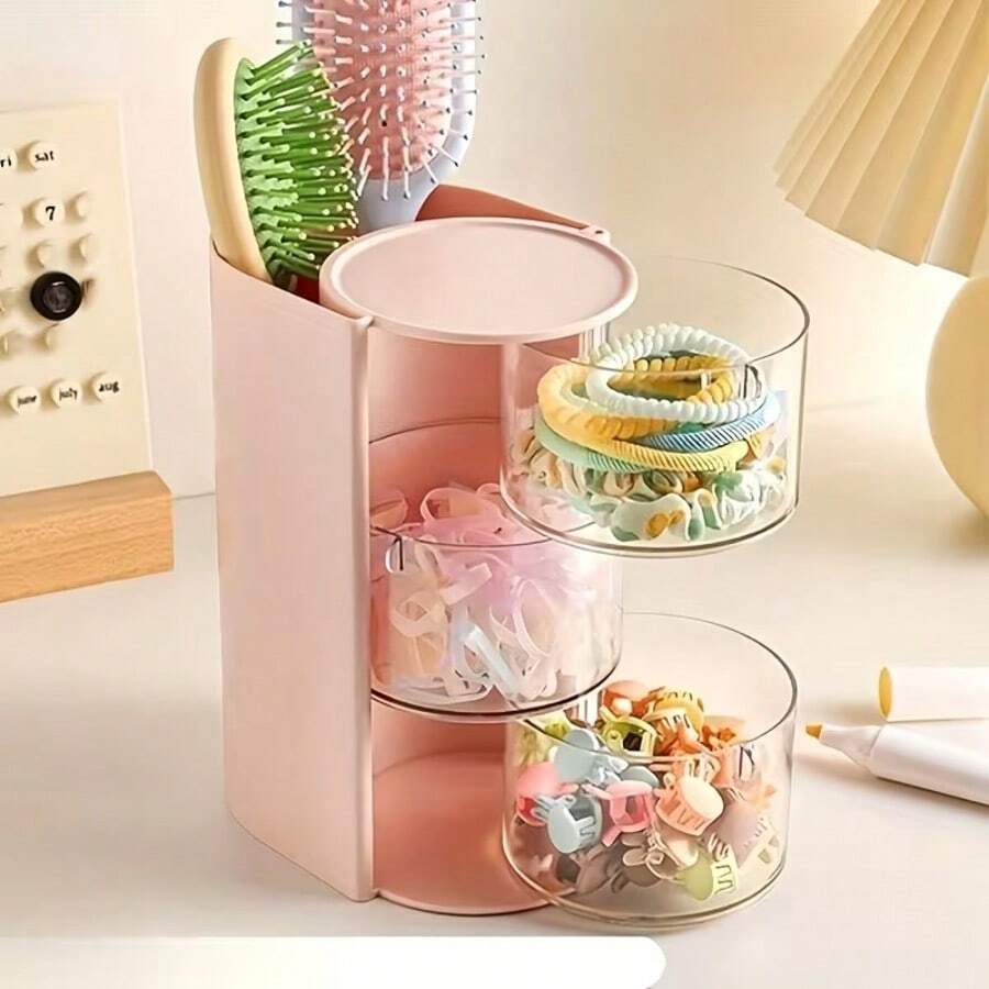> 3-Tier Cosmetic Storage Box With 180° Rotation - 2 Colors Available, Transparent Makeup Organizer For Brushes, Sponges, Powder Puffs And Hair Accessories, Desktop Vanity Holder, Perfect Gift - View 1