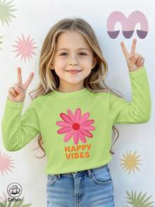 Girls Cotton Raglan Long Sleeve T-Shirt For Fall Winter, Pink Floral Print And Orange 'HAPPY VIBES' Graphic, Cute Sweet Preppy Style - Fruit Green - View 2