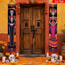 2pcs Mexican Day Of The Dead Porch Banner, Polyester Material, Skull Flower Candle Paper Cut Style Triangular Flag Design, Indoor/Outdoor Use, Home Decor, Front Porch Yard Decoration, Day Of The Dead Party Gathering Decoration - A - View 5
