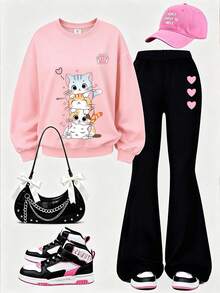 2pcs/Set Crew Neck Sweatshirt And Flared Pants Set For Girls, Printed With 4 Cute Cats Pattern, Suitable For Autumn/Winter Daily Wear - Multicolor - View 2
