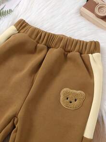 Purechapter 2pcs Boys New Contrast Color Raglan Sleeve Baseball Jacket And Sports Long Pants, Pocket Patch Bear Design, Suitable For Outdoor, Holiday, Party, Daily Wear, Young Boy Gift, Collegiate Style, Autumn/Winter - Brown - View 6