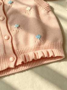 WUHUANG YIYI Baby Girls Sweet Cute Style Contrast Solid Color Handmade Flower Applique Decor Round Neck Sweater Vest Cardigan Loose Fit Daily Outing Autumn - Baby Pink - View 4