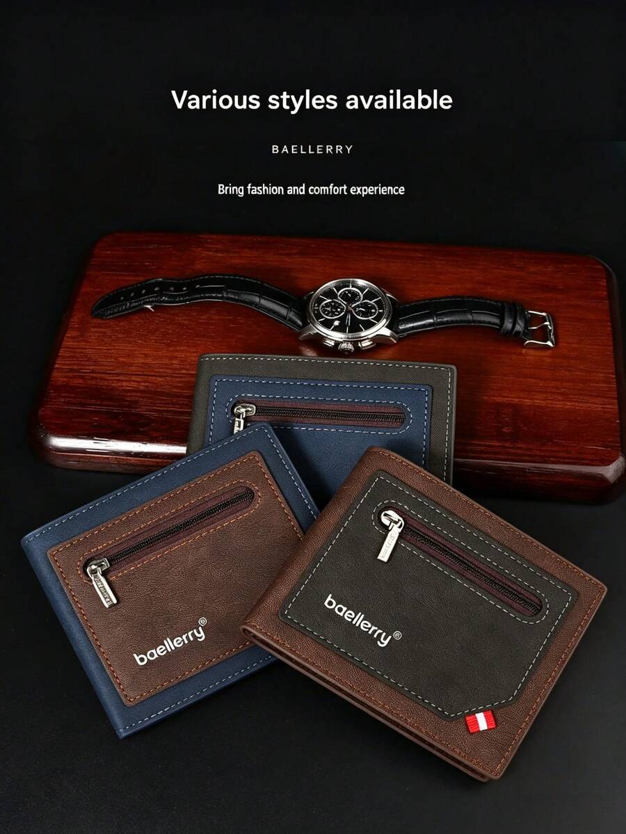 Baellerry Men's Short PU Wallet Business Colorblock Zipper Coin Purse Multi-Card Slot Wallet - Multicolor - View 1