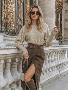 NiceArt Women's Fall Winter Khaki Minimal Knit Top, Crew Neck Cable Knit Raglan Lantern Sleeve Sweater With Ribbed Waist For Daily & Office Wear - Khaki - View 9