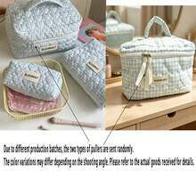 BLOSOMHALT 3pcs Cute Blue Plaid Heart Quilted Down Cosmetic Bag Set, Korean Aesthetic Thickened Makeup Travel Storage Bag With Handle And Woven Label, Suitable For Women And Girls - Blue - View 8