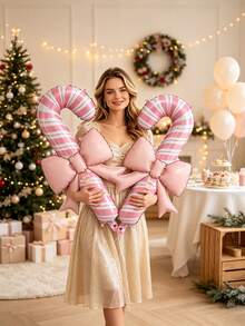 5pcs 32 Inch Red & Pink Candy Cane Shaped Foil Balloons With Pink Bows, Christmas Party Decoration Toy Balloons - View 2