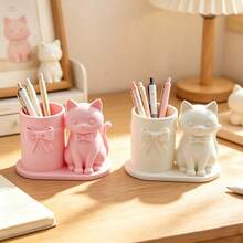 1pc 3D Printed Bowknot Cute Cartoon Cat Pen Holder, Suitable For Children's Desks In Schools And Daycare, Partitioned For Organization And Sorting - Multicolor - View 1