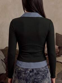 Women's 2 In 1 Patchwork Lapel Long Sleeve Top, Featuring Vertical Stripe Single-Breasted Design With Striped Lapel Hem Faux Black Casual - Black - View 2