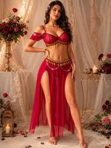 Spring And Summer Exotic Costumes, Red Belly Dance Costumes And Body Chains, Exotic Party Costumes For Halloween, Carnival And Cosplay - Multicolor - View 2