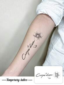 1pc Temperature‑Sensitive Color‑Changing Flower With Latin Quote Temporary Tattoo Sticker, Realistic Fake Tattoo Design, Suitable For Daily Wear, Bachelorette Party Favors, Music Festivals, Games, Graduation Gifts, Lasts 3‑5 Days - Multicolor - View 1