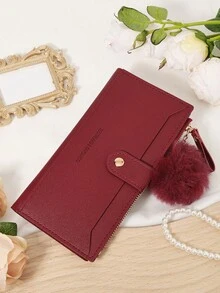 Dengan hiasan pom-pom, dompet panjang ultra tipis yang modis, dompet yang dapat memuat ponsel kecil, cocok untuk aktivitas luar ruangan dan perjalanan. - Burgundy - View 9
