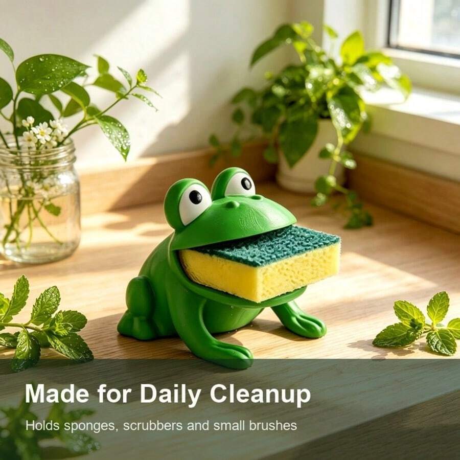 Frog-Shaped Dish Brush Holder, Sponge Drainer, Dishcloth Organizer, Made Of Plastic, With Drain Function. Suitable For Kitchen Countertops And Bathrooms; Can Store Sponges And Dishcloths. - Multicolor - View 1