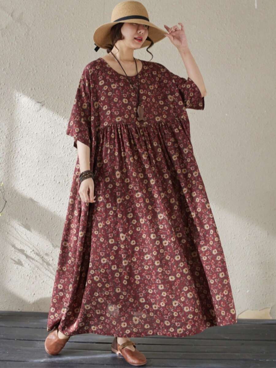 AZAH 女款大尺碼優雅媽媽洋裝,萬聖節舞會,夏季新款圓領短袖花卉波希米亞休閒度假洋裝,睡衣,沙灘洋裝 - 酒紅色 - 查看 1