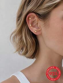 1pc 925 Sterling Silver Flower Stud Earring, Spiral Earring Stack, Flat Back Cartilage Ear Stud, Suitable For Women's Daily Wear, Wedding, Party, Engagement, Exquisite Jewelry - Yellow Gold - View 1