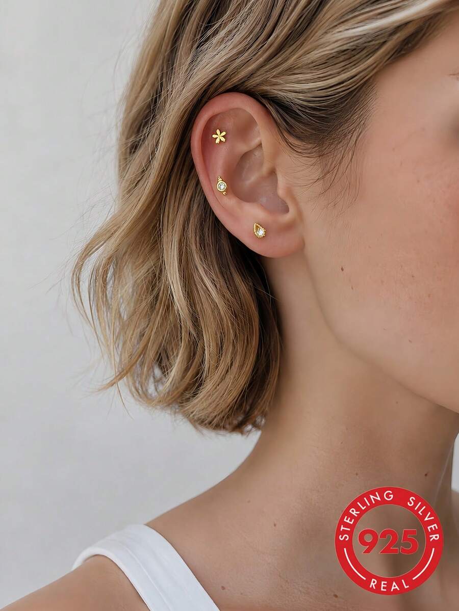 1pc 925 Sterling Silver Flower Stud Earring, Spiral Earring Stack, Flat Back Cartilage Ear Stud, Suitable For Women's Daily Wear, Wedding, Party, Engagement, Exquisite Jewelry - Yellow Gold - View 1