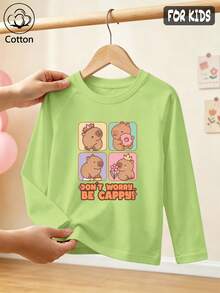 Girls Cotton Raglan Long Sleeve Tee, Fall Winter Top With Cartoon Crown & Flower Animal Print, Sweet Cute Preppy Style - Fruit Green - View 1