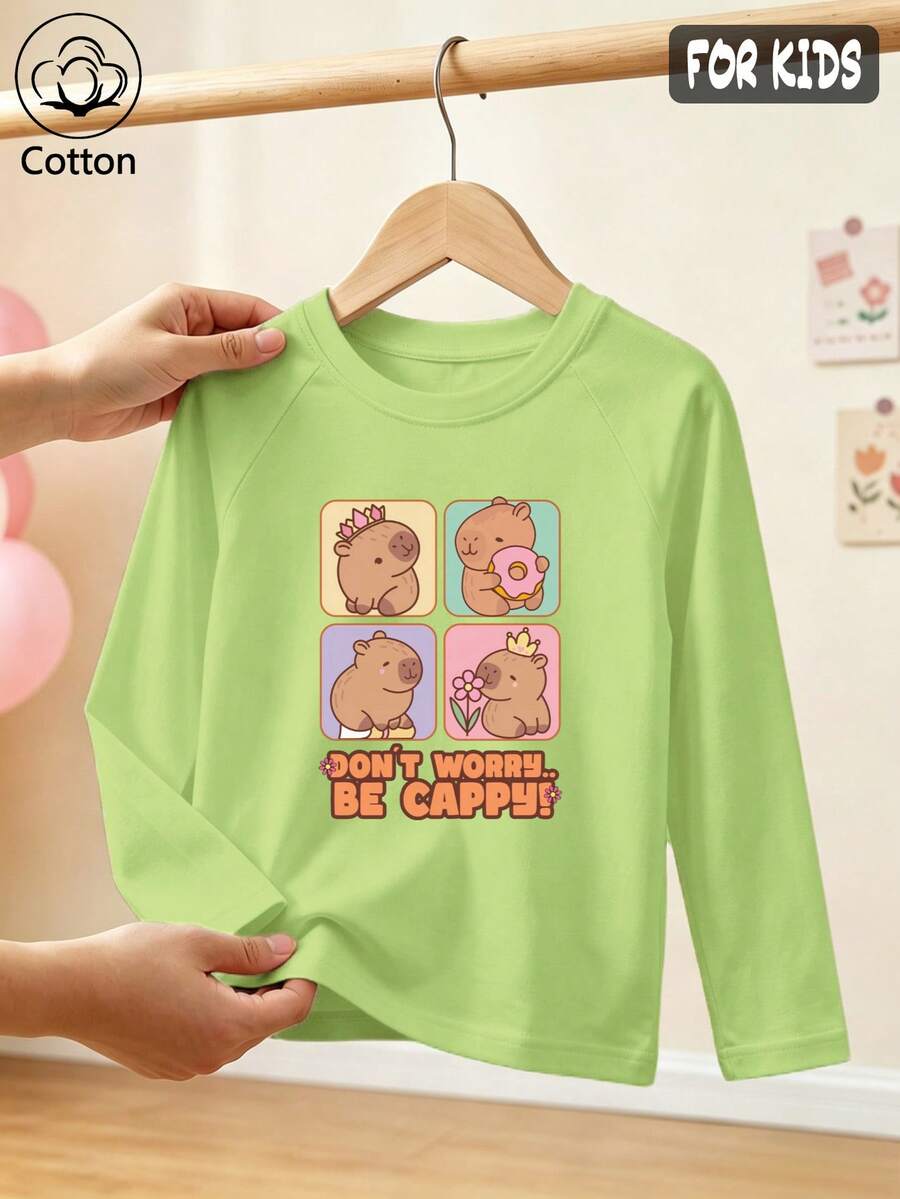 Girls Cotton Raglan Long Sleeve Tee, Fall Winter Top With Cartoon Crown & Flower Animal Print, Sweet Cute Preppy Style - Fruit Green - View 1