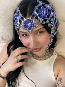 女款時尚龐克頭巾 1件裝 哥德風星星圖案 柔軟防滑彈性鏤空 海灘/度假頭飾 - 黑色 - 查看 4