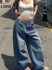 Plus Size Retro Casual Loose Straight Leg Denim Maxi Pants, Fashion & Versatile Spring Fall - Dark Wash - View 7
