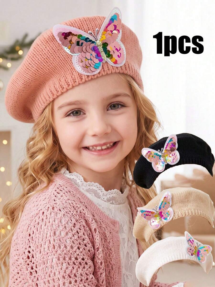 1pc 3-8Y Girls Black Sequin Bow Knit Beret Hat, Autumn/Winter New Sweet ...