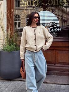 Women's Loose Knit Cardigan, Round Neck Contrast Trim Button Front Cardigan, Thanksgiving Christmas - Apricot - View 4