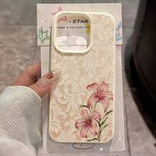 1pc TPU Material Elegant Light Pink Lace Lily Pattern Phone Case Suitable For IPhone 17 Pro Max/17/16 Pro Max/15/13/12/11 Shockproof Soft Shell - White - View 3