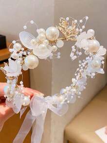 1pc Kids Girls Fairy Gold Leaf Sweet European Style Wedding Dress Floral Wreath Pearl Headband Tiara Crown Hair Accessory - White - View 3