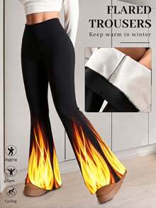 1pc Women's Winter High Waist Thickened Thermal Lined Flared Pants, Tummy Control Butt Lifting, Home & Daily Wear Versatile Warm Bottoms - Black - View 1