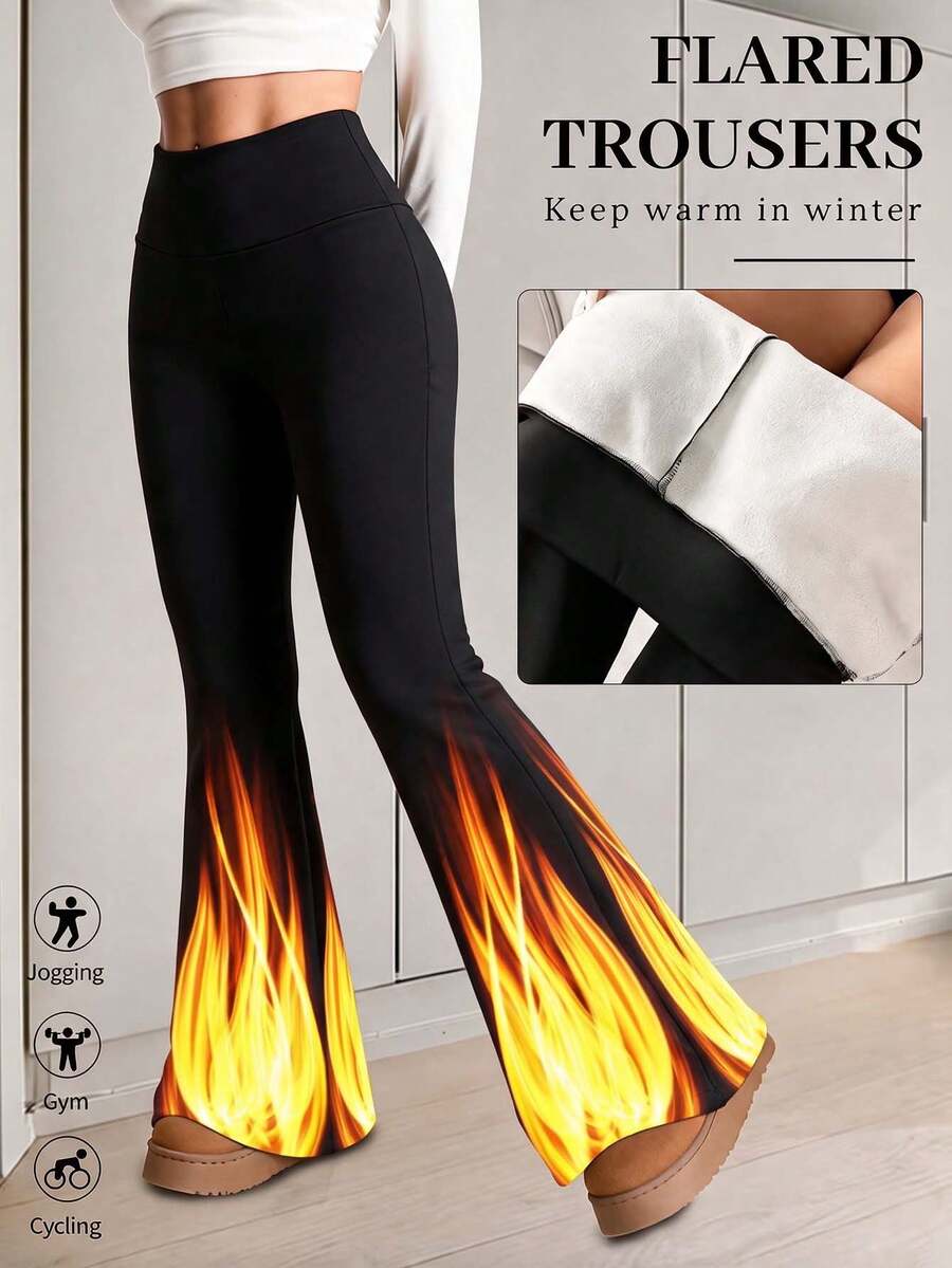 1pc Women's Winter High Waist Thickened Thermal Lined Flared Pants, Tummy Control Butt Lifting, Home & Daily Wear Versatile Warm Bottoms - Black - View 1